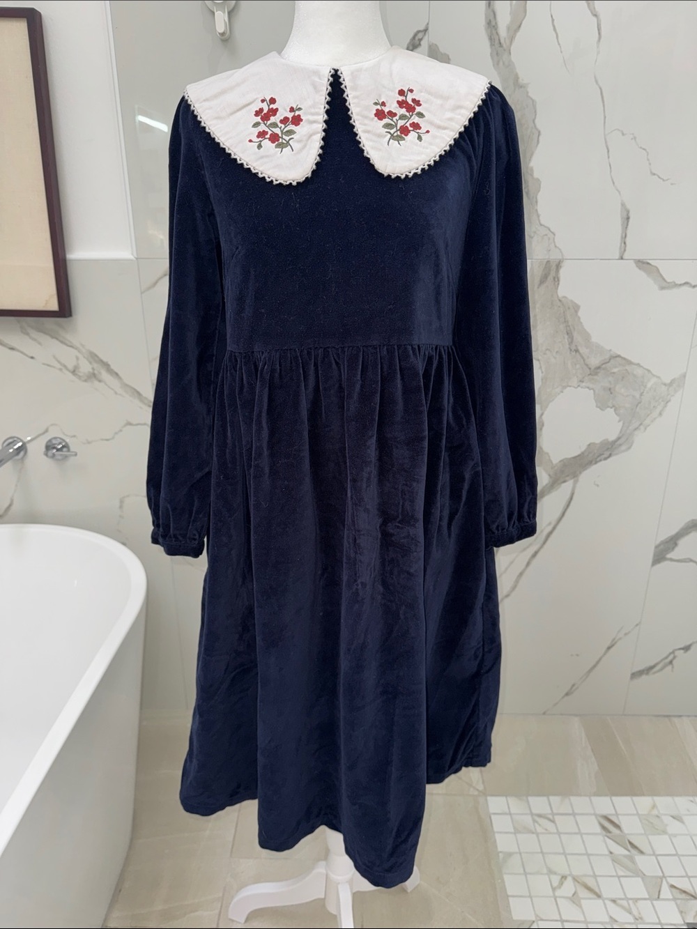 Anthropologie Meadows Pasque Velvet Midi Dress Embroidered Peter Pan Collar - Picture 3 of 14